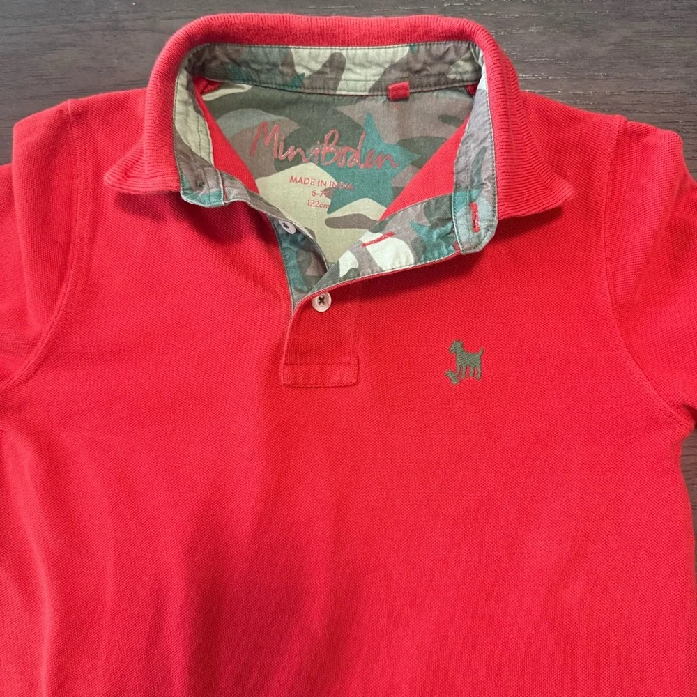 Mini Boden Boys Red Long Sleeve Polo Elbow Patch Size 6-7(122‎ cm)